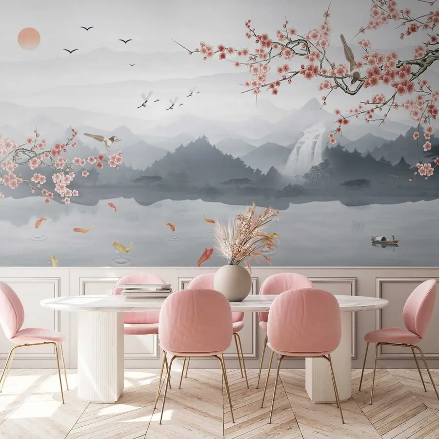 stenske poslikave Sakura na ozadju jezera in gora u28840