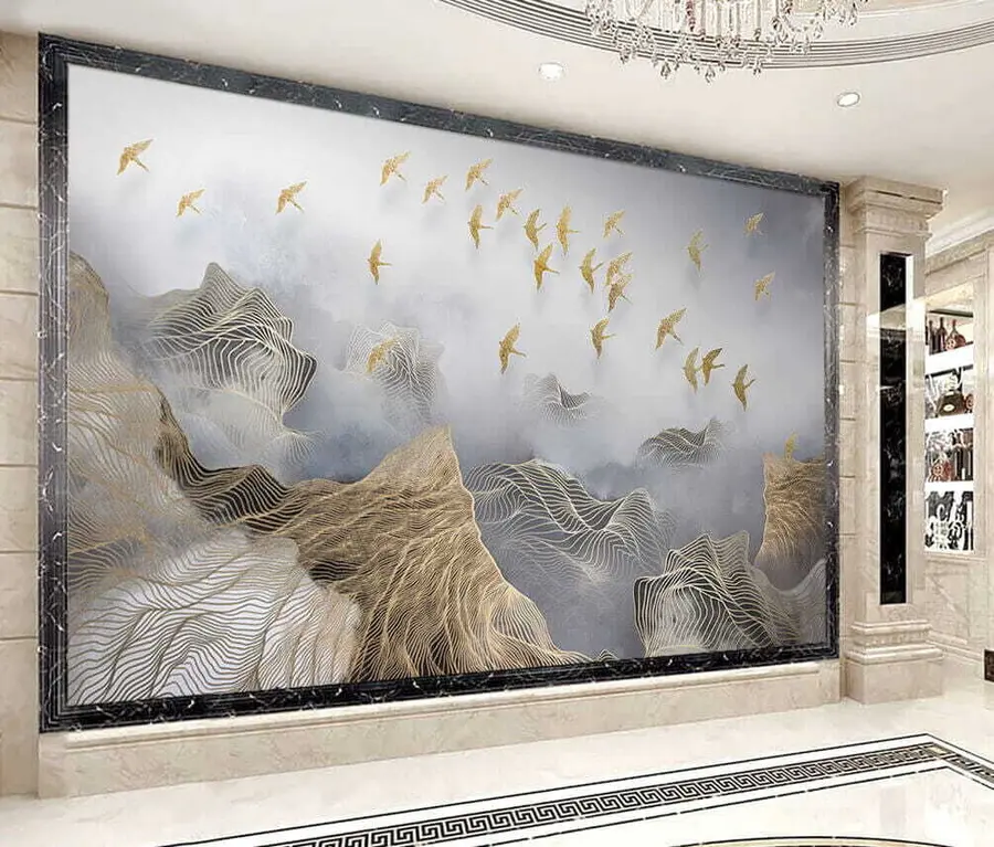 stenske poslikave Čudovita pokrajina z gorami in pticami je narisana iz tankih črt u44870