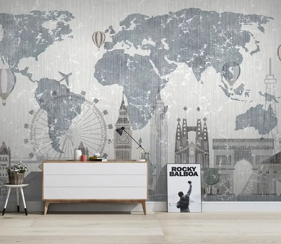 stenske poslikave Zemljevid sveta v sivih tonih u53138