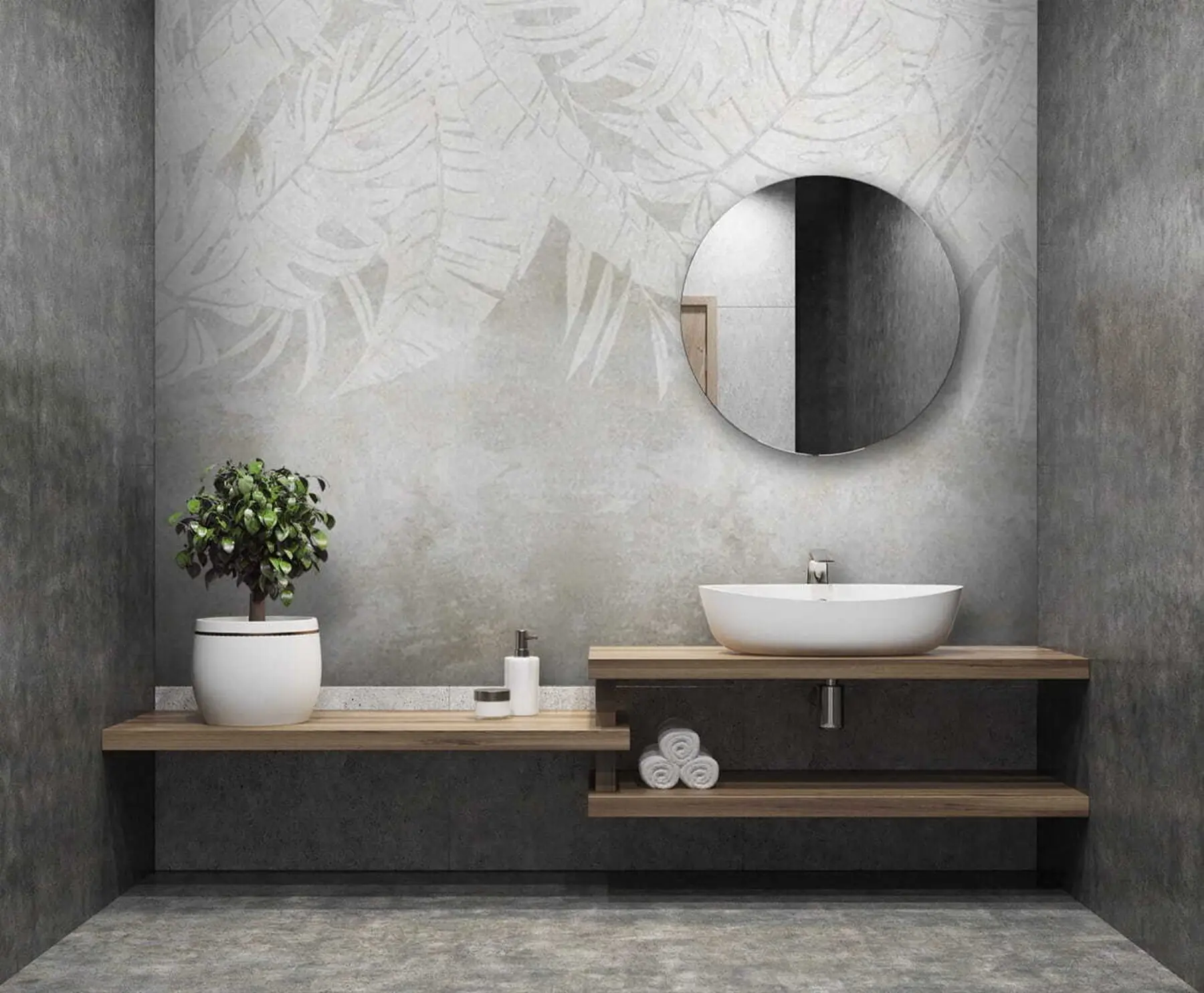 stenske poslikave Palmovi listi v sivih tonih u71245