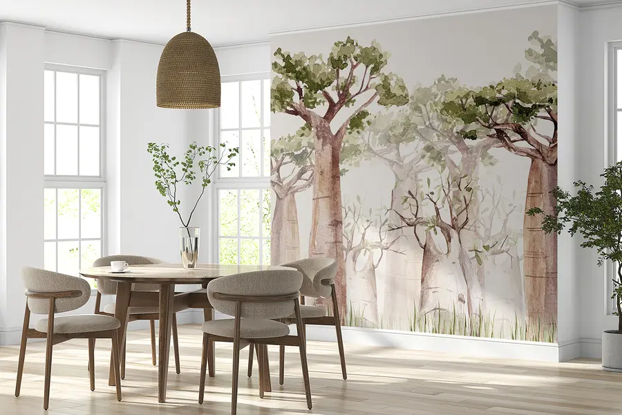 stenske poslikave Baobab, tema safari, gozd, bež in zelene barve w00082