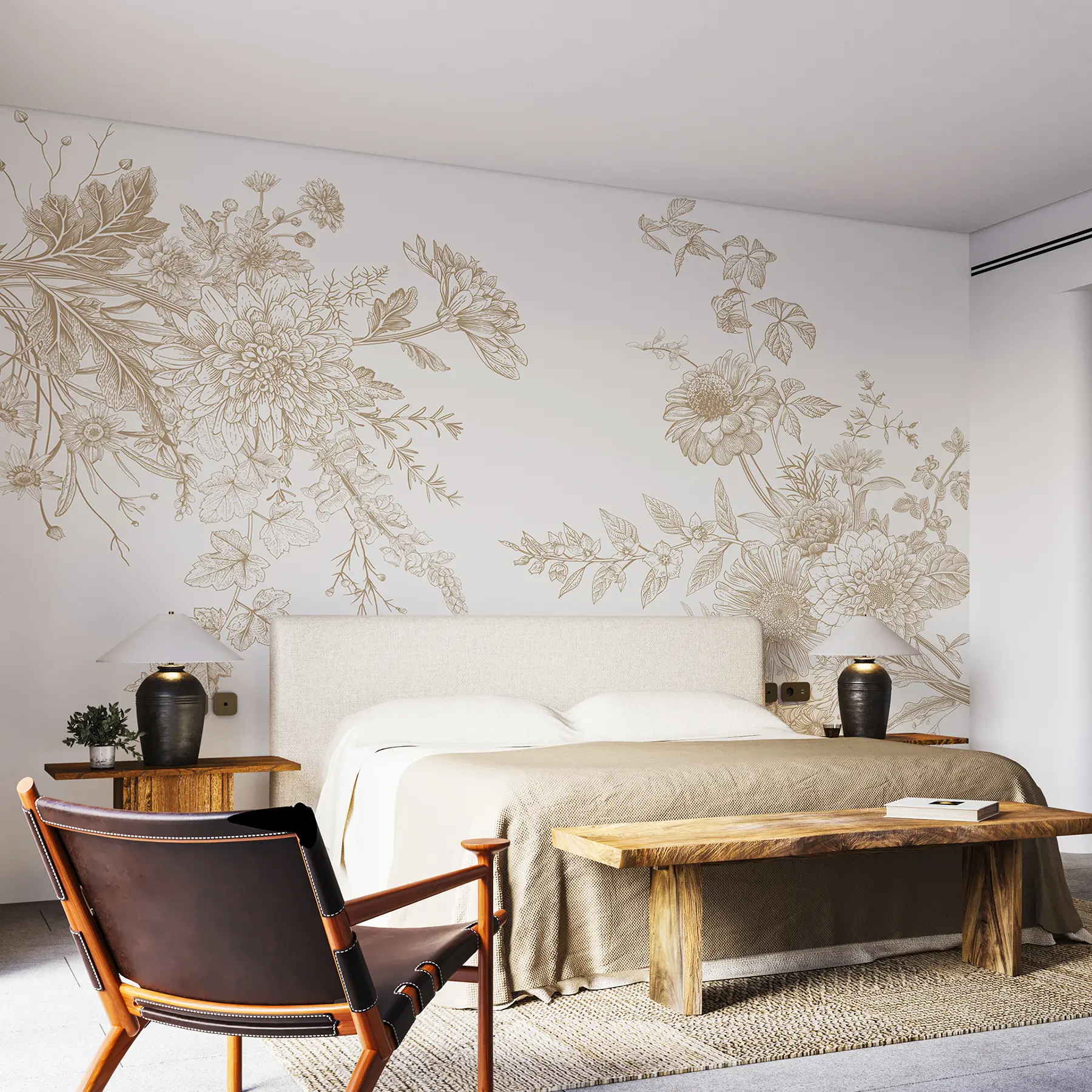 stenske poslikave Cvetlični ornament, minimalizem, line art, boho slog, rustikalni, pivonja, marjetica, bež barve, travnik w00381v4