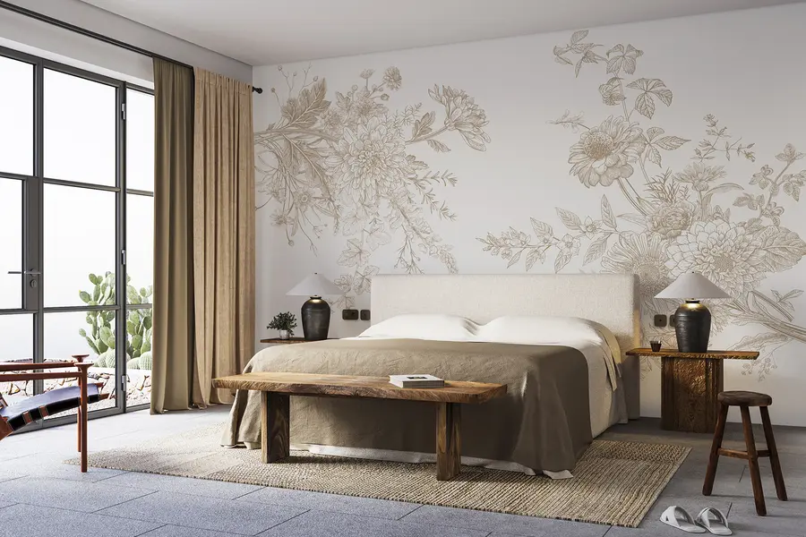 stenske poslikave Cvetlični ornament, minimalizem, line art, boho slog, rustikalni, pivonja, marjetica, bež barve, travnik w00381v4