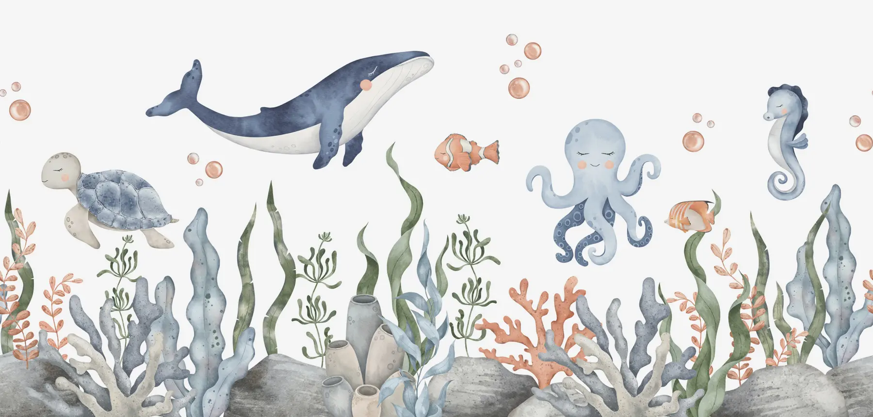 stenske poslikave Podvodni svet s kitom, hobotnico, želvo w00383