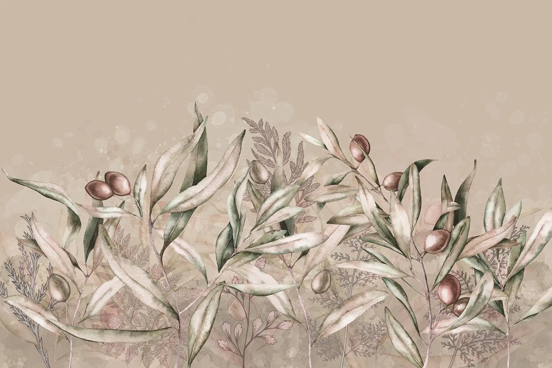 stenske poslikave Ilustracija oljk, cvetlični dizajn, tropsko, akvarel, veliki listi, bež barve w00407v1