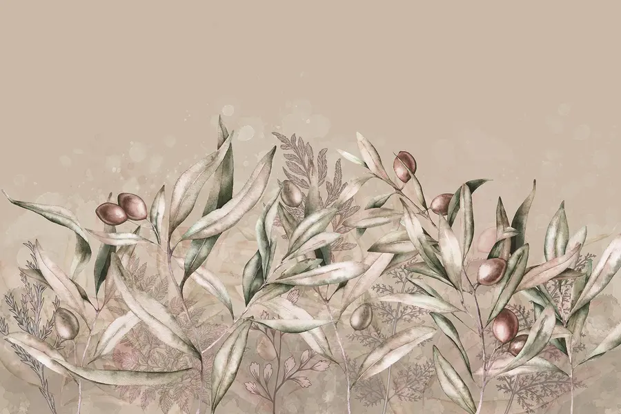 stenske poslikave Ilustracija oljk, cvetlični dizajn, tropsko, akvarel, veliki listi, bež barve w00407v1