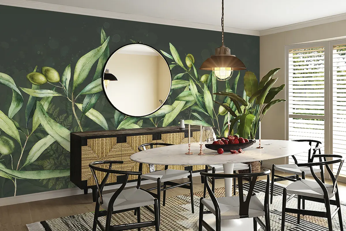 stenske poslikave Ilustracija oljk, cvetlični dizajn, tropsko, akvarel, veliki listi, temno ozadje  w00407v4