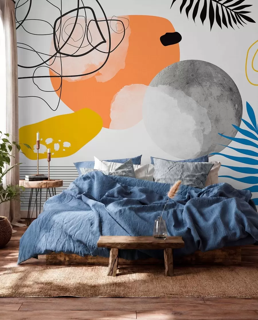 stenske poslikave Abstraktno moderno, minimalizem, boho, geometrija, akvarelne lise, polna luna, silhueta palmovih listov, topografija, zapletenost, oranžna, rumena, siva w00508