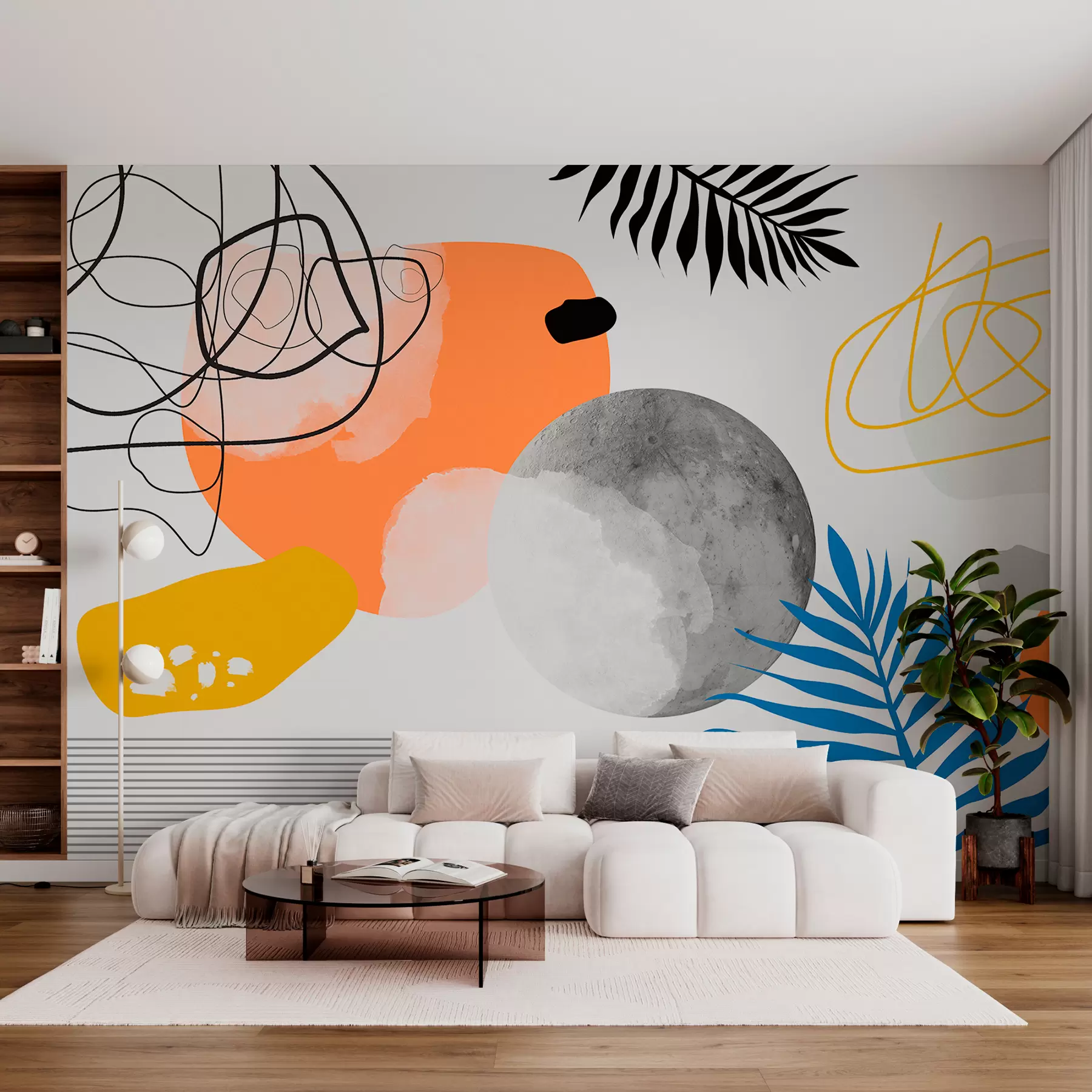 stenske poslikave Abstraktno moderno, minimalizem, boho, geometrija, akvarelne lise, polna luna, silhueta palmovih listov, topografija, zapletenost, oranžna, rumena, siva w00508