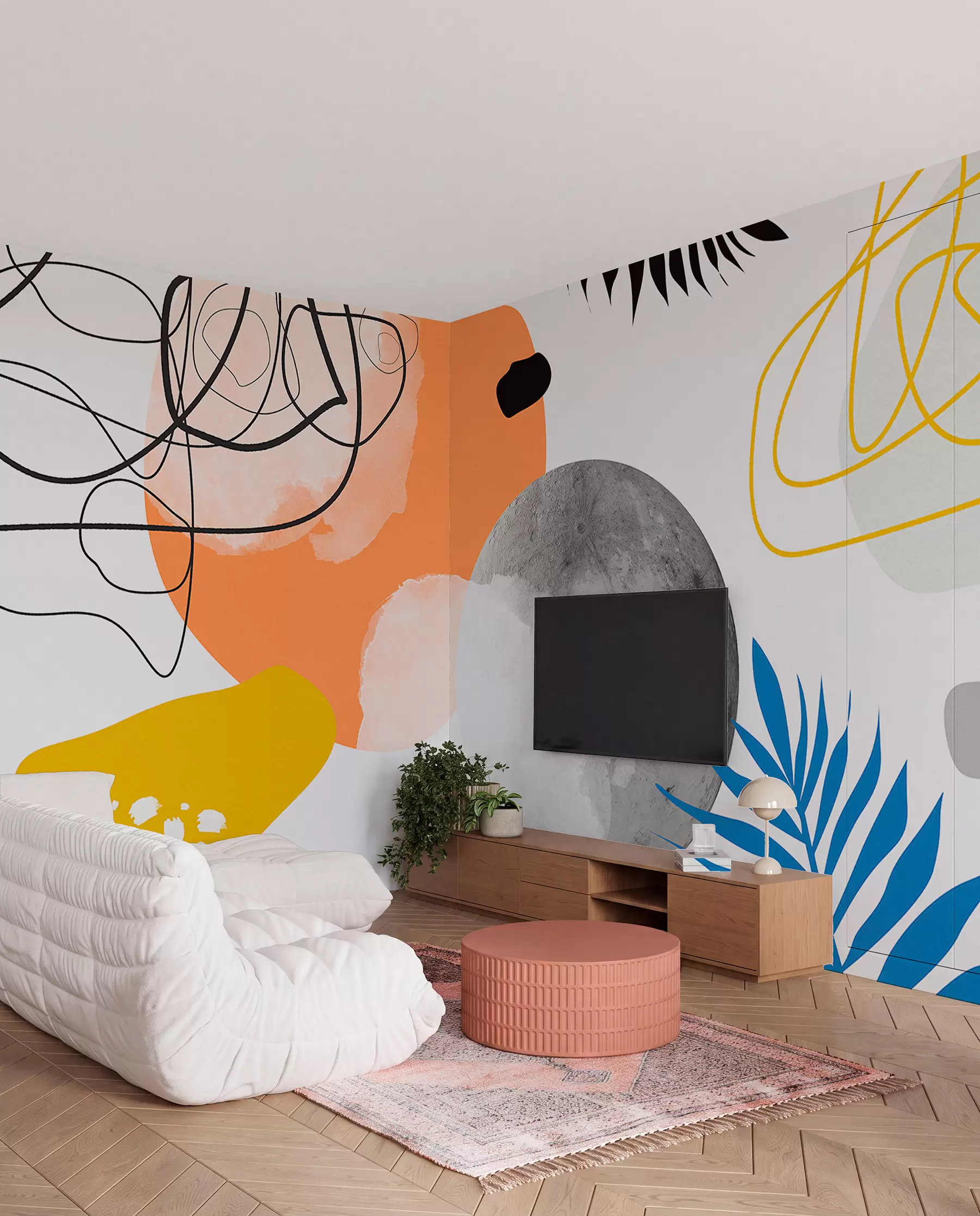 stenske poslikave Abstraktno moderno, minimalizem, boho, geometrija, akvarelne lise, polna luna, silhueta palmovih listov, topografija, zapletenost, oranžna, rumena, siva w00508