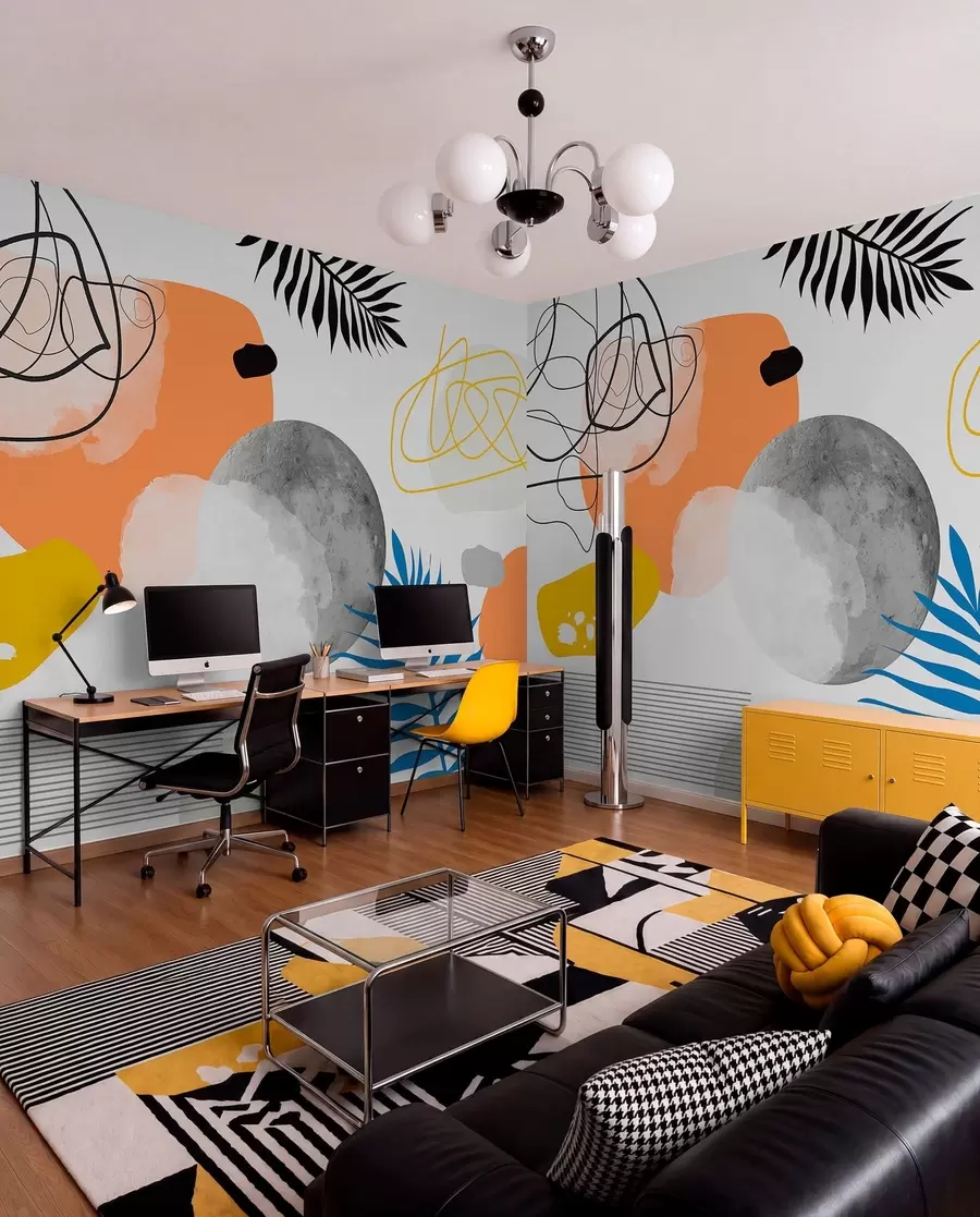stenske poslikave Abstraktno moderno, minimalizem, boho, geometrija, akvarelne lise, polna luna, silhueta palmovih listov, topografija, zapletenost, oranžna, rumena, siva w00508