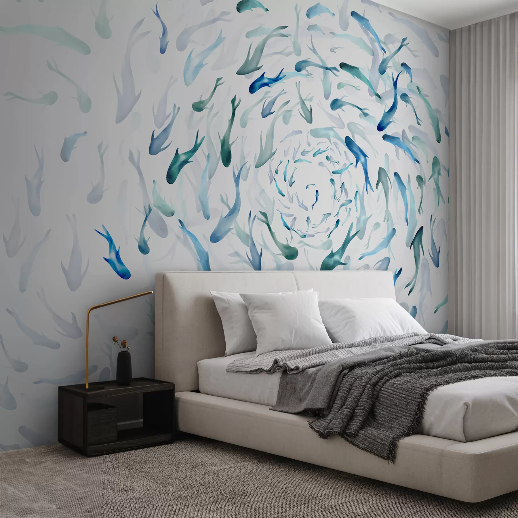 stenske poslikave Riba, ki se vrti v vrtincu, ribji ples, akvarel, morski pes, abstraktna kompozicija, minimalizem, modra, zelena barva w00510