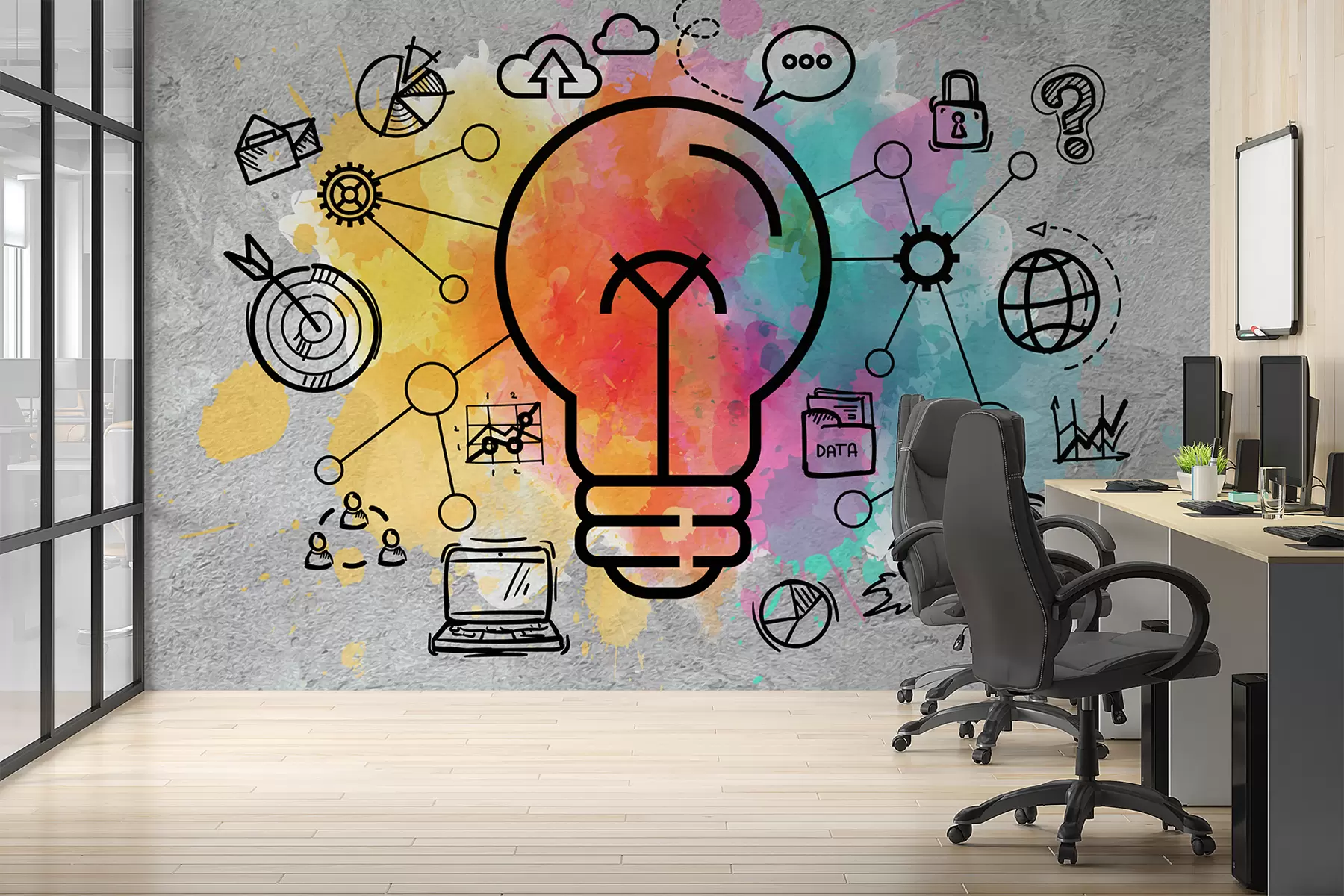 stenske poslikave betonska stena, risba žarnice s kreativnim poslovnim strateškim načrtom w00614