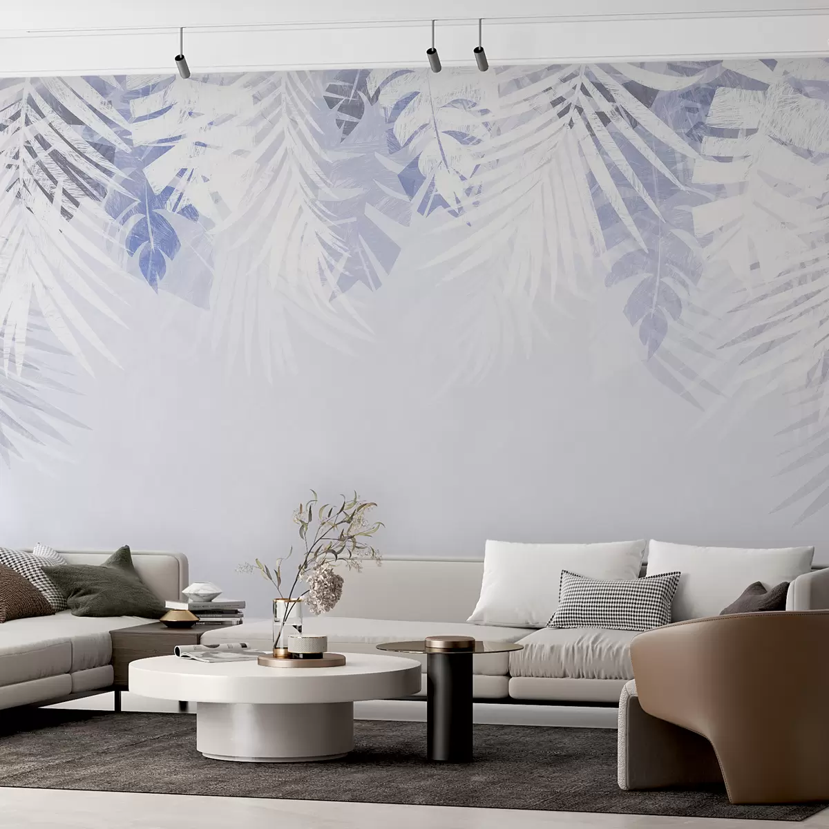 stenske poslikave Tropsko listje in vejice, bele in modre barve w00793v1