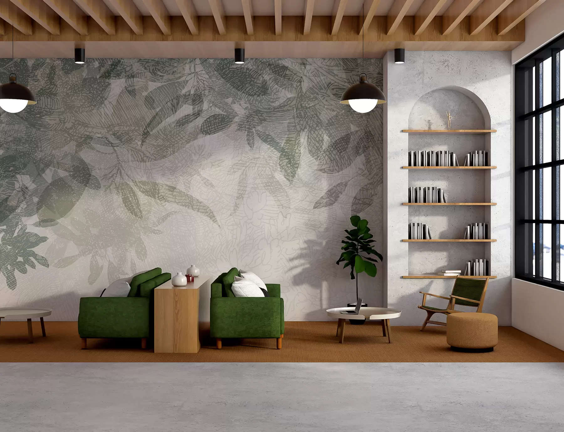 stenske poslikave Mehki, zamegljeni listi v odtenkih zelene in sive na svetlem teksturnem ozadju risbe w00854