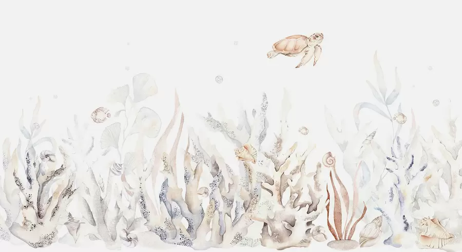 stenske poslikave Akvarel morske korale, školjke, želva, morsko življenje, nežne bež barve w00849v1