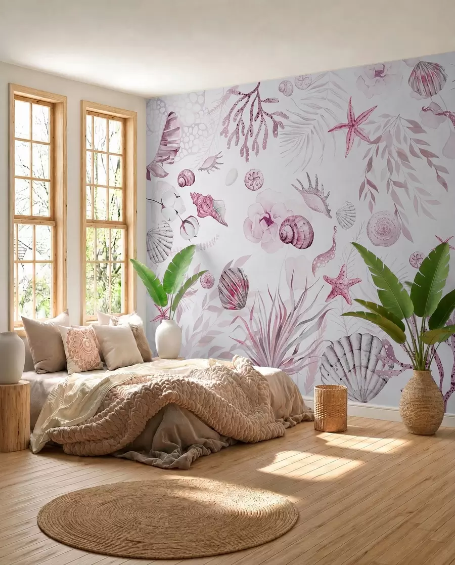 stenske poslikave Akvarelni morski vzorec, boho stil, školjke, korale, bombaž, roza barve w00851v3