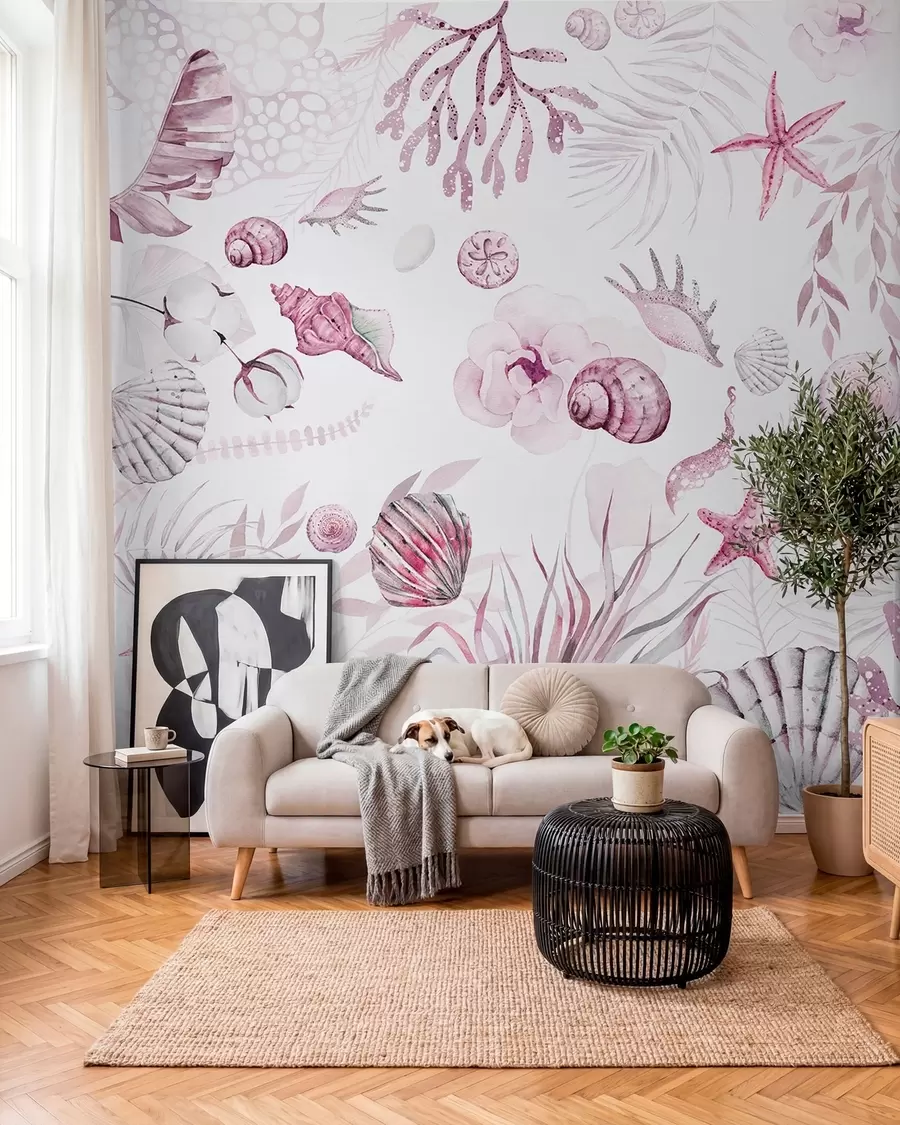 stenske poslikave Akvarelni morski vzorec, boho stil, školjke, korale, bombaž, roza barve w00851v3