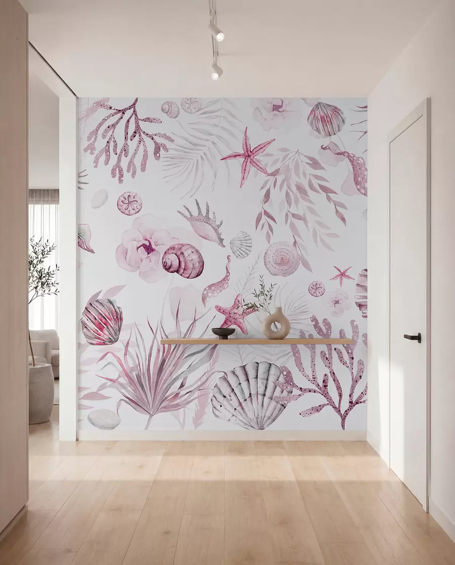 stenske poslikave Akvarelni morski vzorec, boho stil, školjke, korale, bombaž, roza barve w00851v3