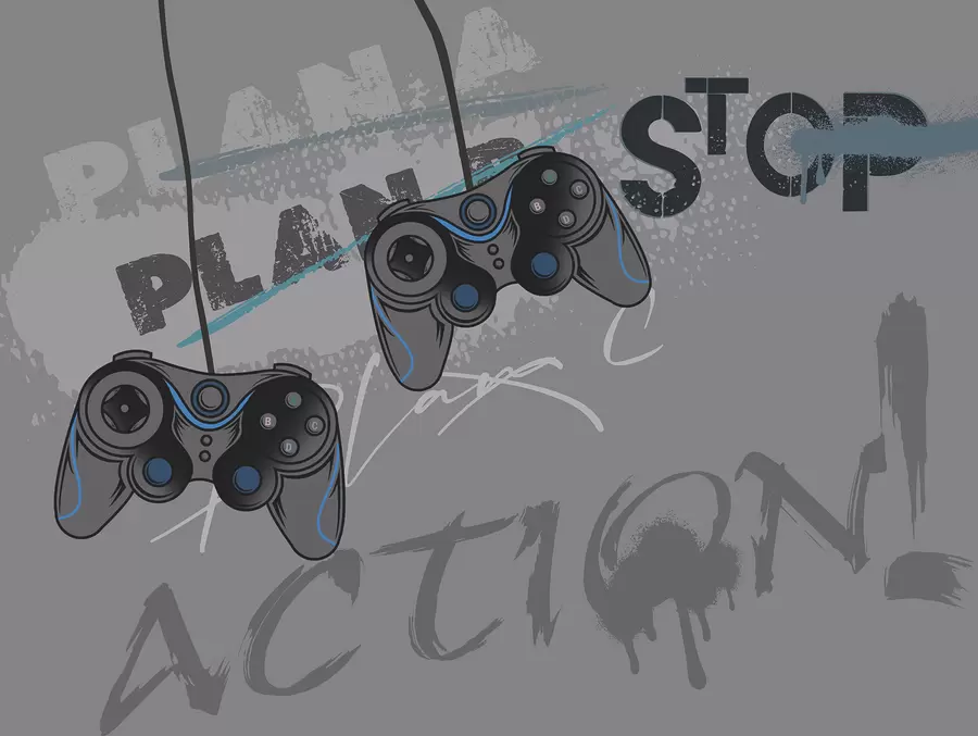 stenske poslikave Otroška tapeta za najstnike s krmilnimi palicami in grafičnim napisom v sivi barvi w00829v1