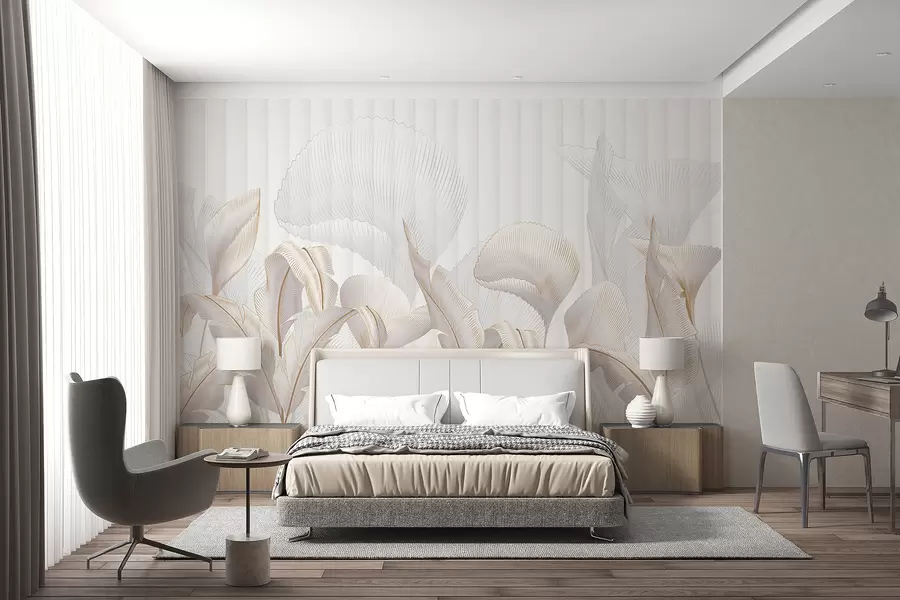 stenske poslikave Pogled od blizu na tropske liste na belem ozadju s teksturiranim ozadjem w01237