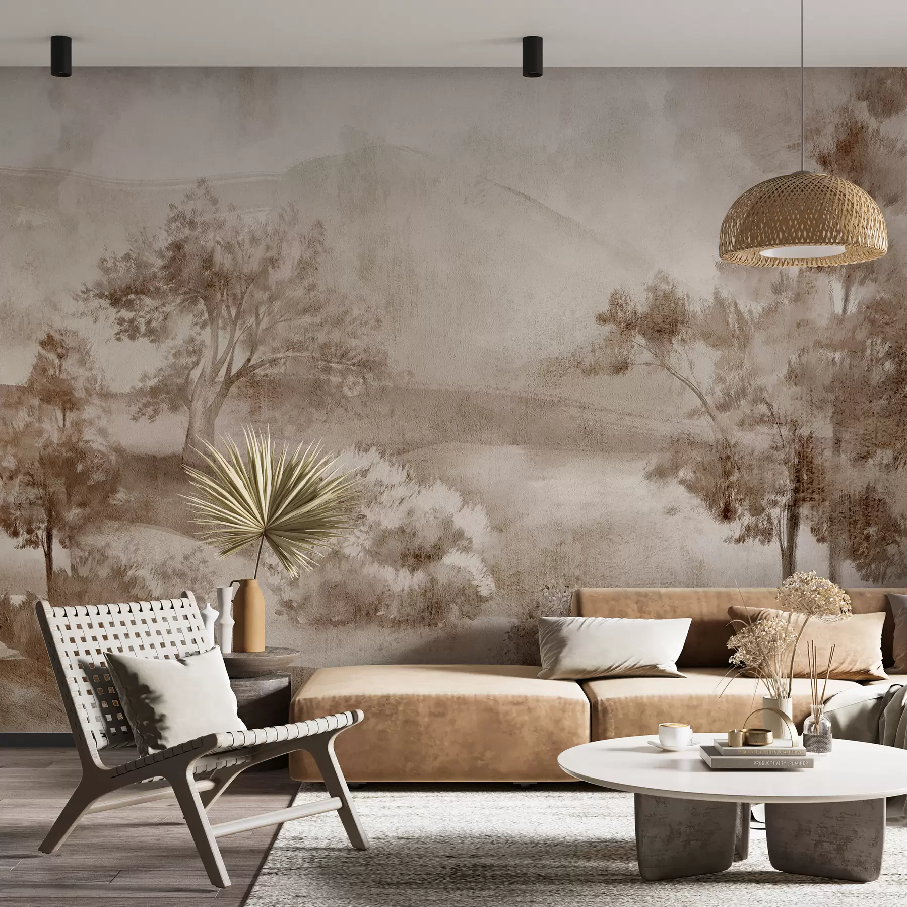 stenske poslikave Krajinska slika meglenega podeželskega prizora, obdanega z bujnimi drevesi in listjem v rjavih odtenkih w01247