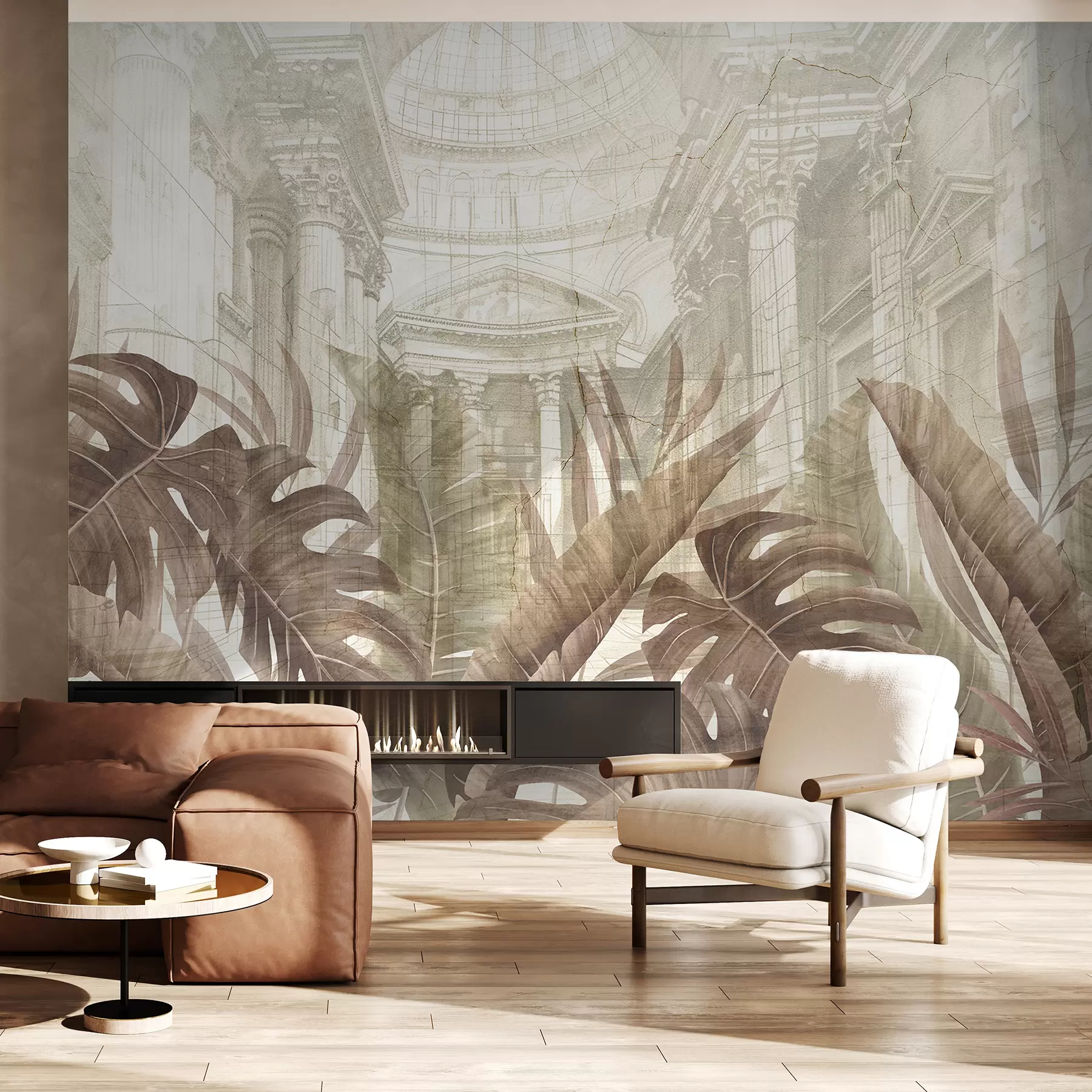 stenske poslikave Velika risba okrašenih arhitekturnih marmornih stebrov in bujne tropske rastline sepije  w01311v1