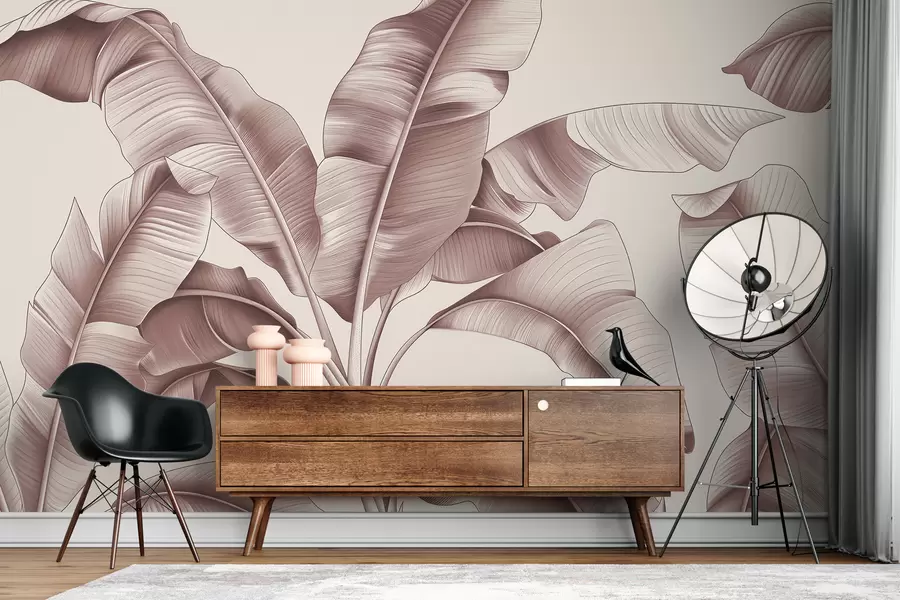 stenske poslikave narisani veliki bananini listi v pastelno roza barvi w07877v1