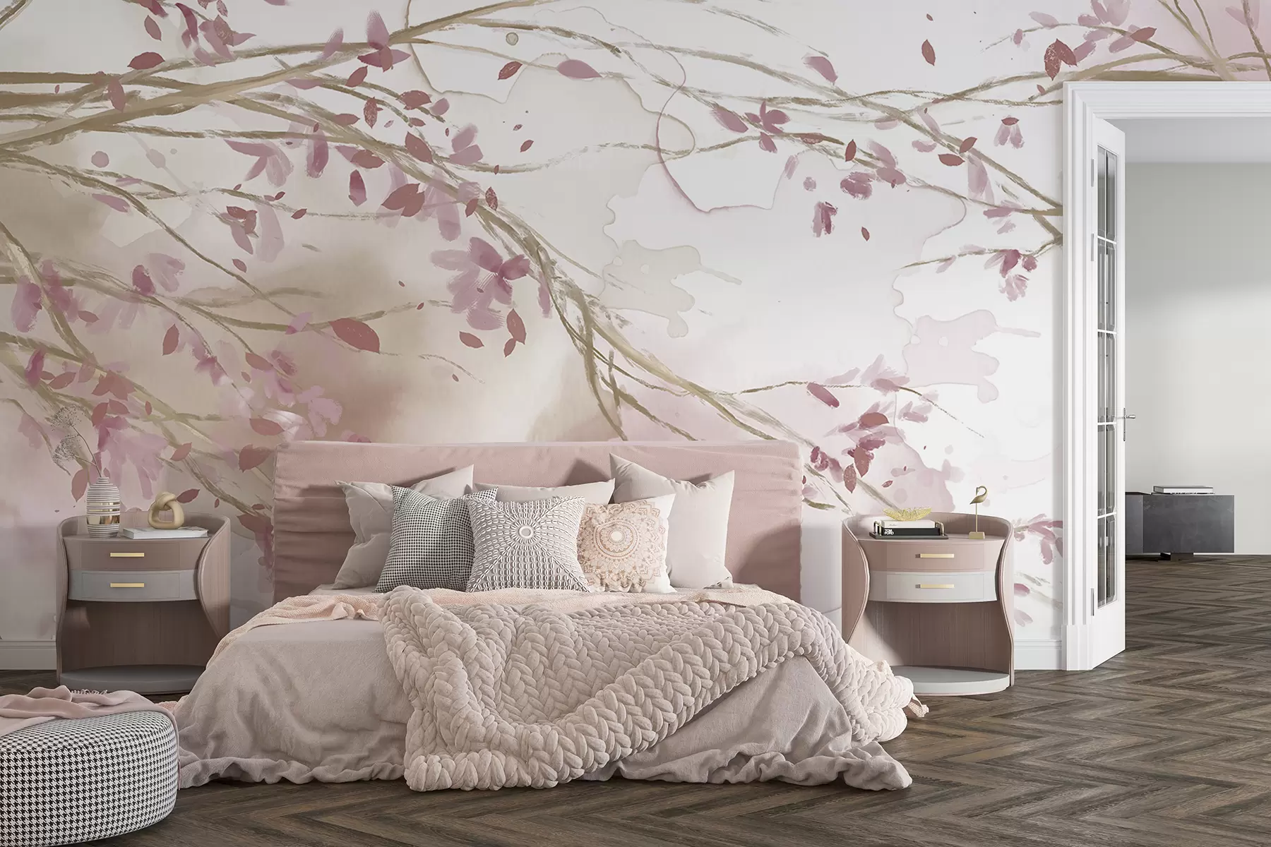 stenske poslikave Nežne roza in bele cvetlične veje z mehkim, zamegljenim akvarelnim ozadjem w07919v1