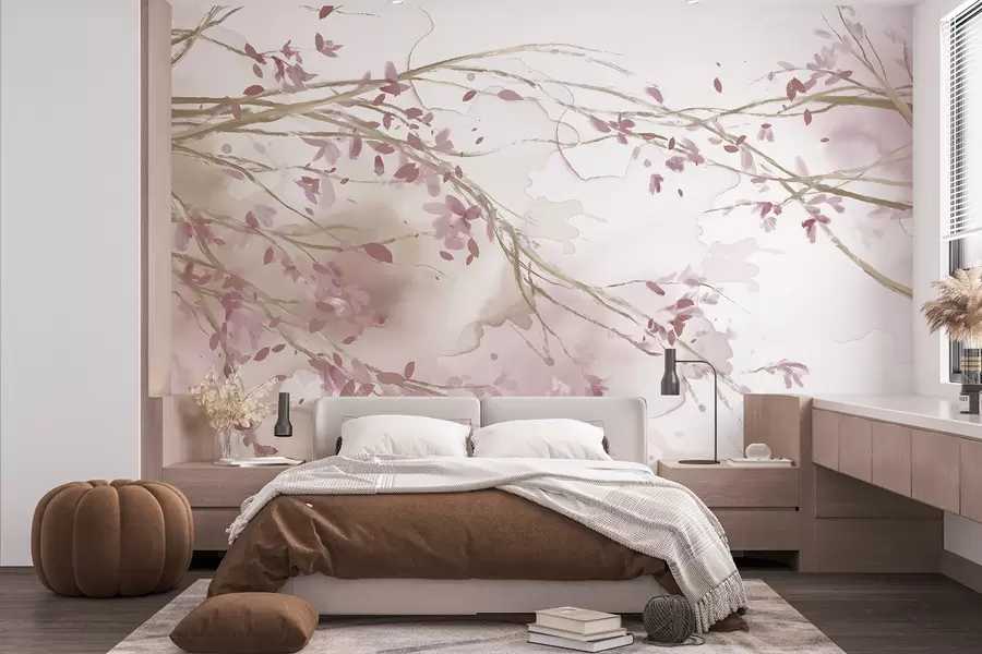 stenske poslikave Nežne roza in bele cvetlične veje z mehkim, zamegljenim akvarelnim ozadjem w07919v1