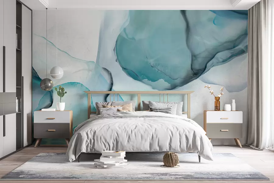 stenske poslikave Abstraktna modra in bela tekoča umetnost, ki spominja na tekočo vodo in črnilo w07927