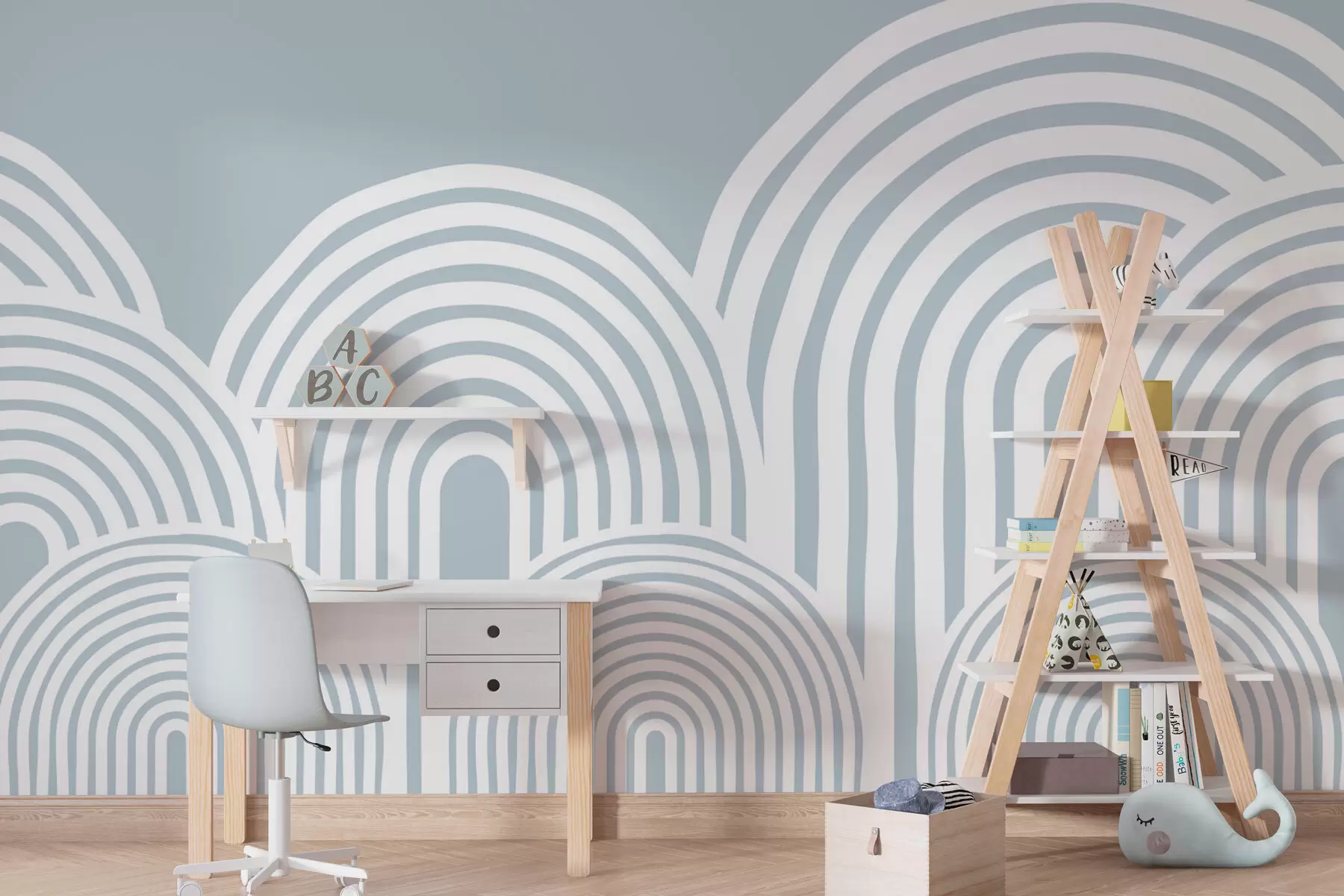 stenske poslikave Valoviti loki v skandinavskem slogu minimalizma modre barve w08037