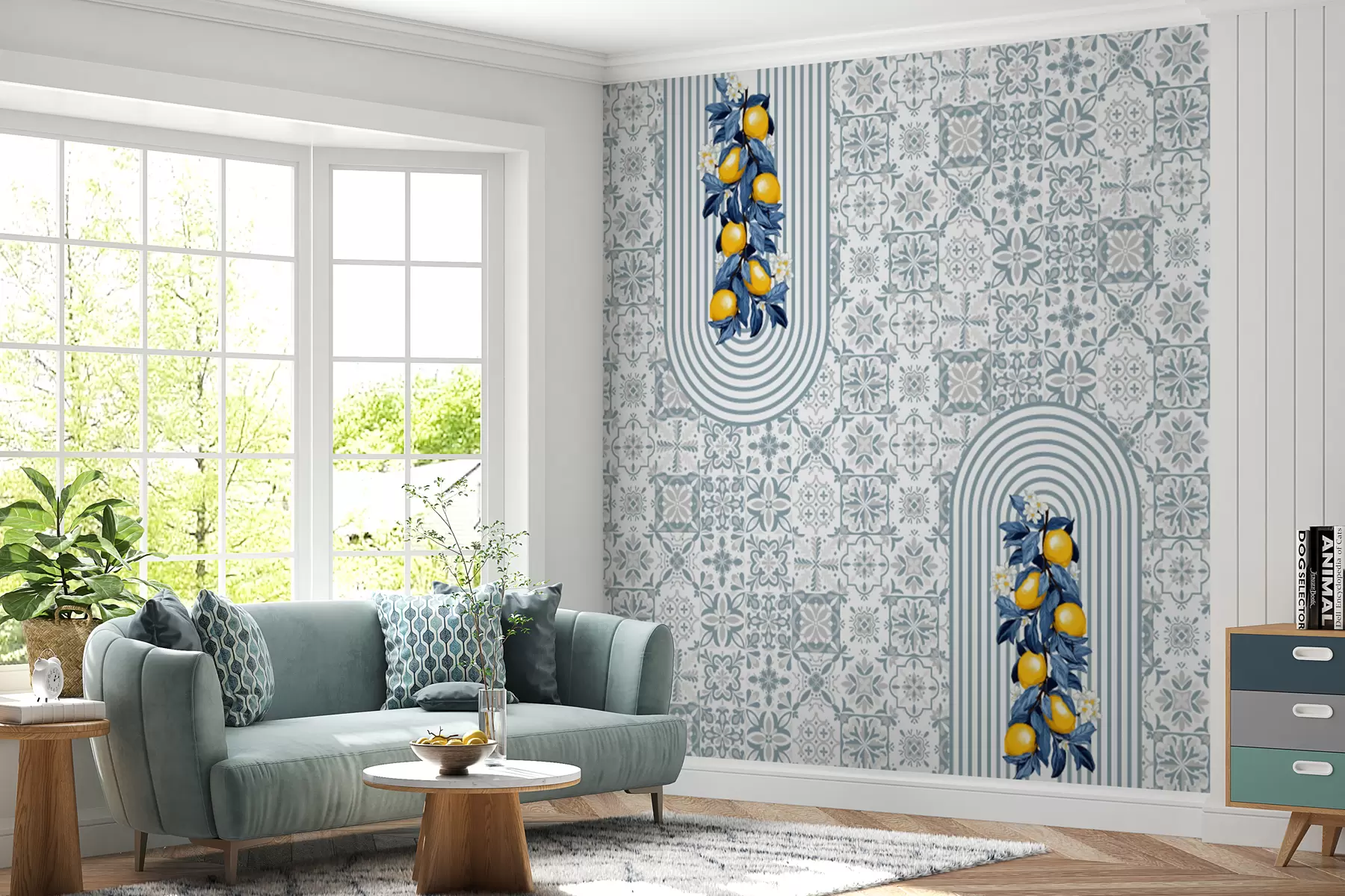 stenske poslikave sicilijanski vzorec, modri tisk z limonami. Italijanski modri vzorec keramičnih ploščic. Mediteranska porcelanasta keramika. Etnični ljudski okraski w08034