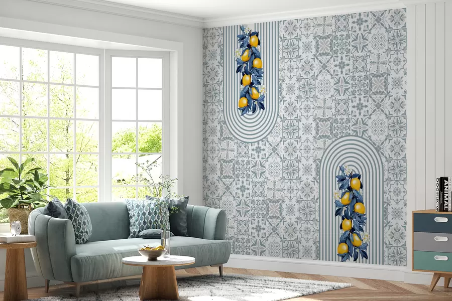stenske poslikave sicilijanski vzorec, modri tisk z limonami. Italijanski modri vzorec keramičnih ploščic. Mediteranska porcelanasta keramika. Etnični ljudski okraski w08034