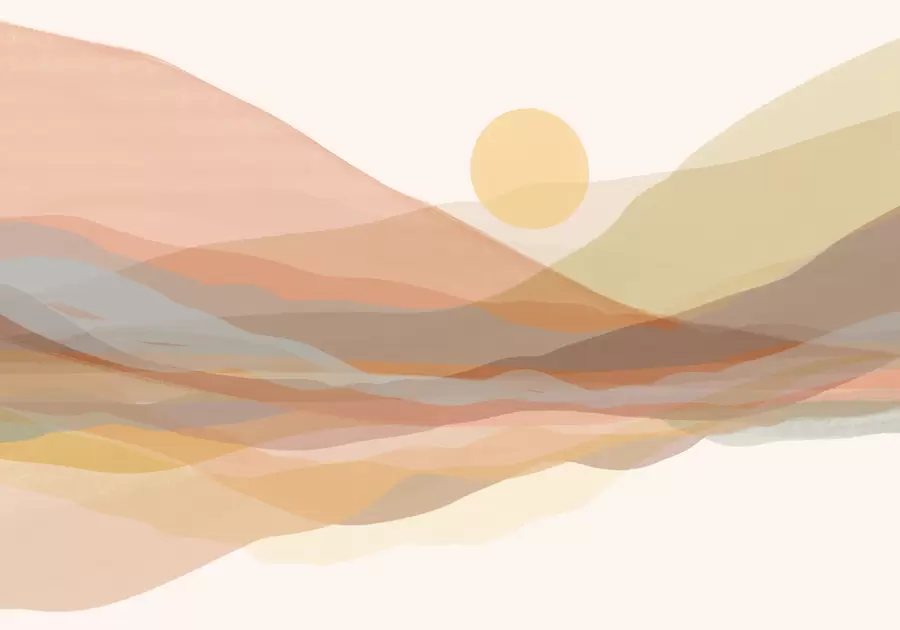 stenske poslikave Gorska pokrajina s toplim soncem na nebu, griči v oranžnih, rumenih in rjavih odtenkih w07976