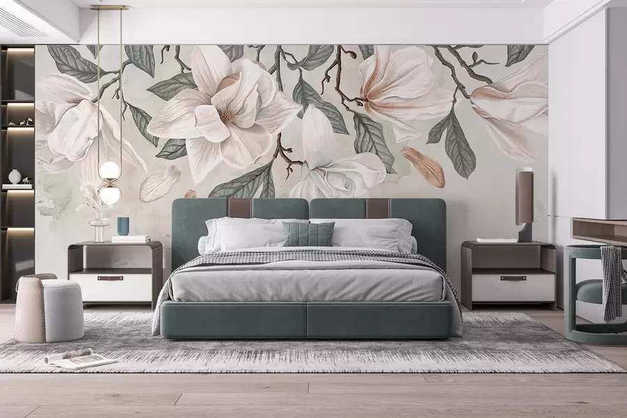 stenske poslikave Nežni rožnati in beli cvetovi magnolije z zelenimi listi na svetlem ozadju, mehka, cvetlična kompozicija w07977