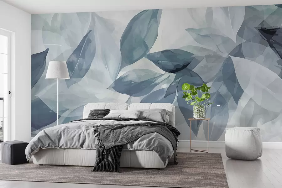 stenske poslikave Mehki sivi in beli akvarelni listi z zamegljenim, eteričnim ozadjem w07981