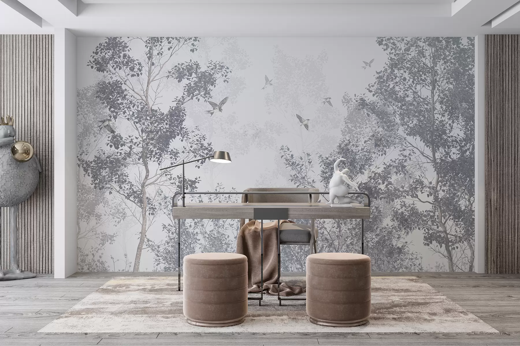 stenske poslikave Drevesa s sivimi listi in vejami s pticami, ki letijo na nebu, belo ozadje w07982v1