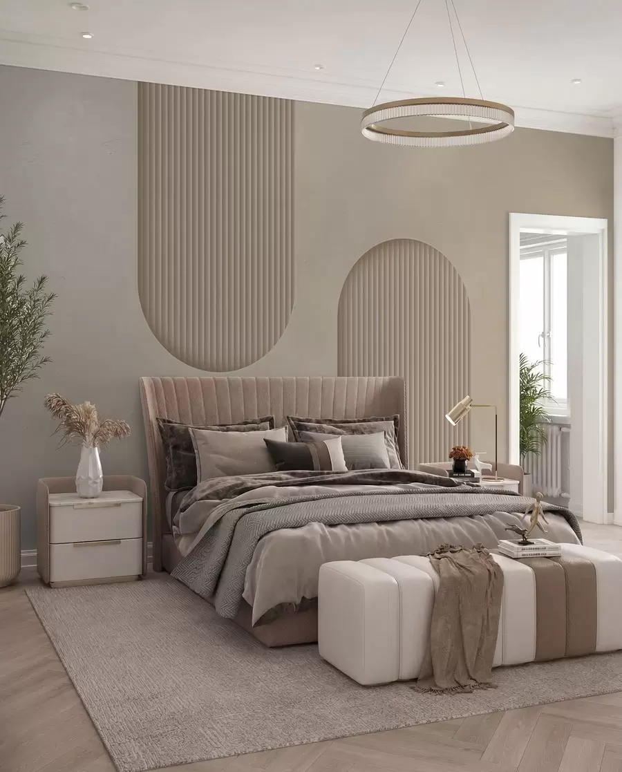 stenske poslikave Art Deco teksturirane tapete v toplih bež odtenkih. Imitacija volumetričnih lokov    w08048