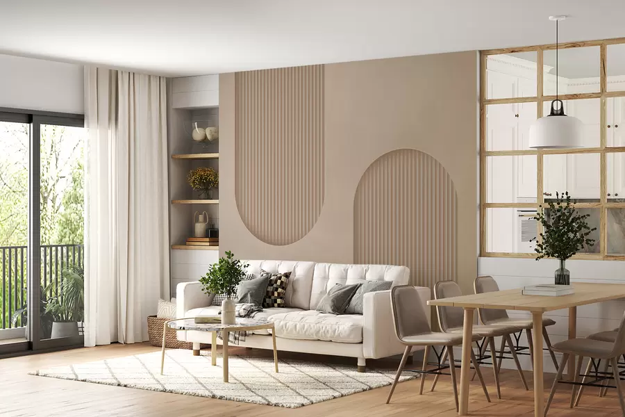 stenske poslikave Art Deco teksturirane tapete v toplih bež odtenkih. Imitacija volumetričnih lokov    w08048