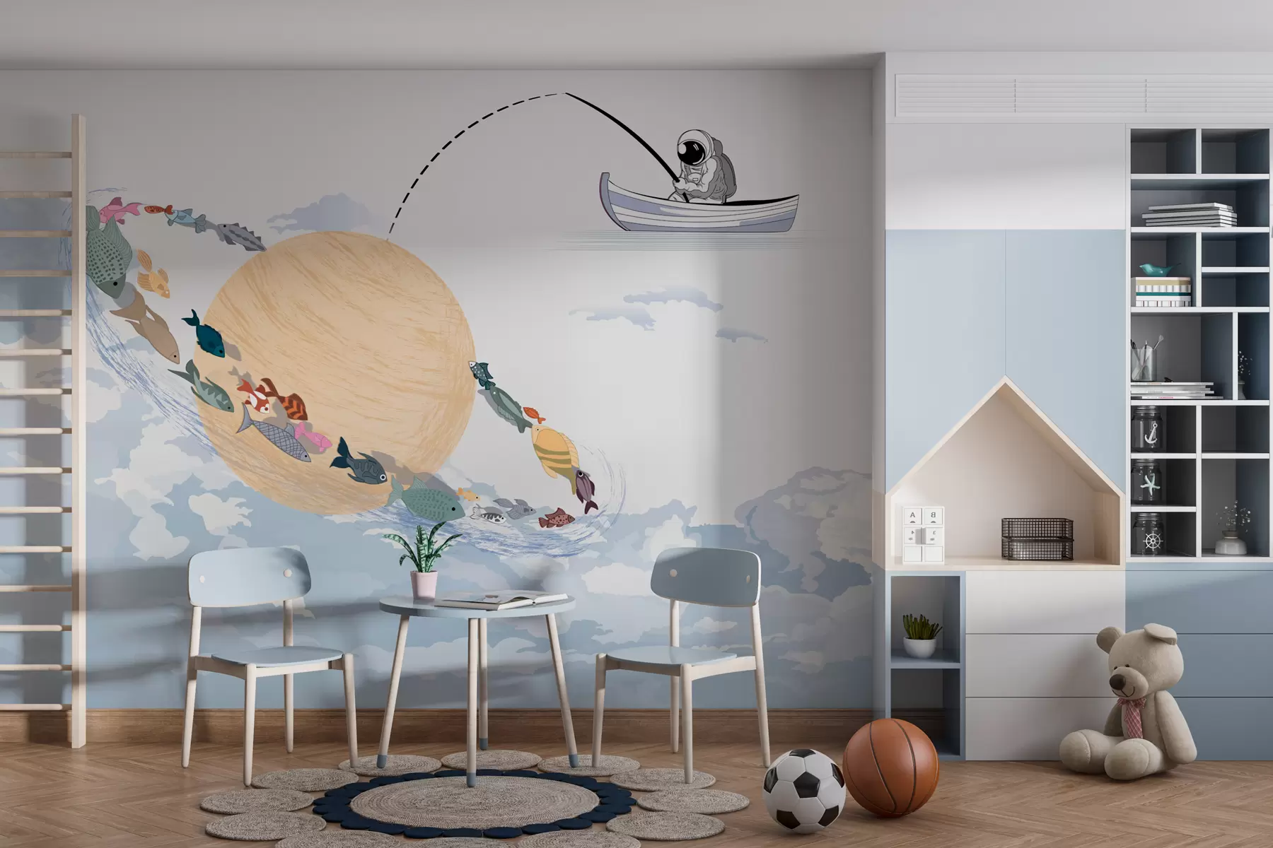 stenske poslikave Astronavtska luna in riba v modri barvi w00869