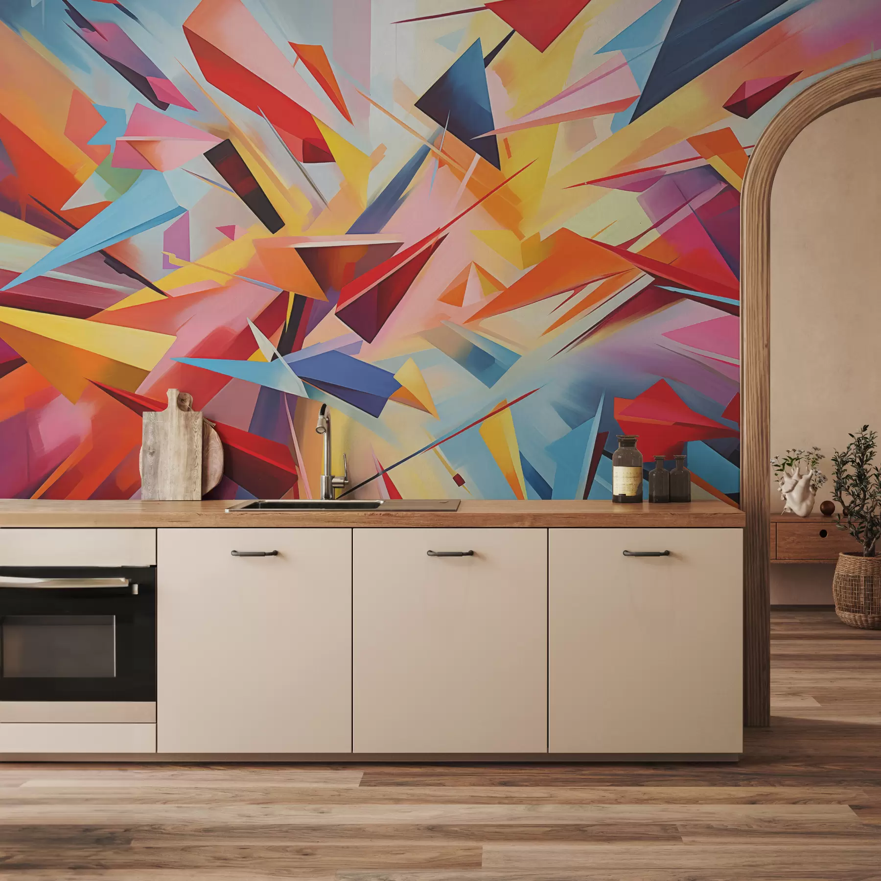 stenske poslikave Kaotična abstrakcija geometrijskih oblik, roza, modra, rumena w08030