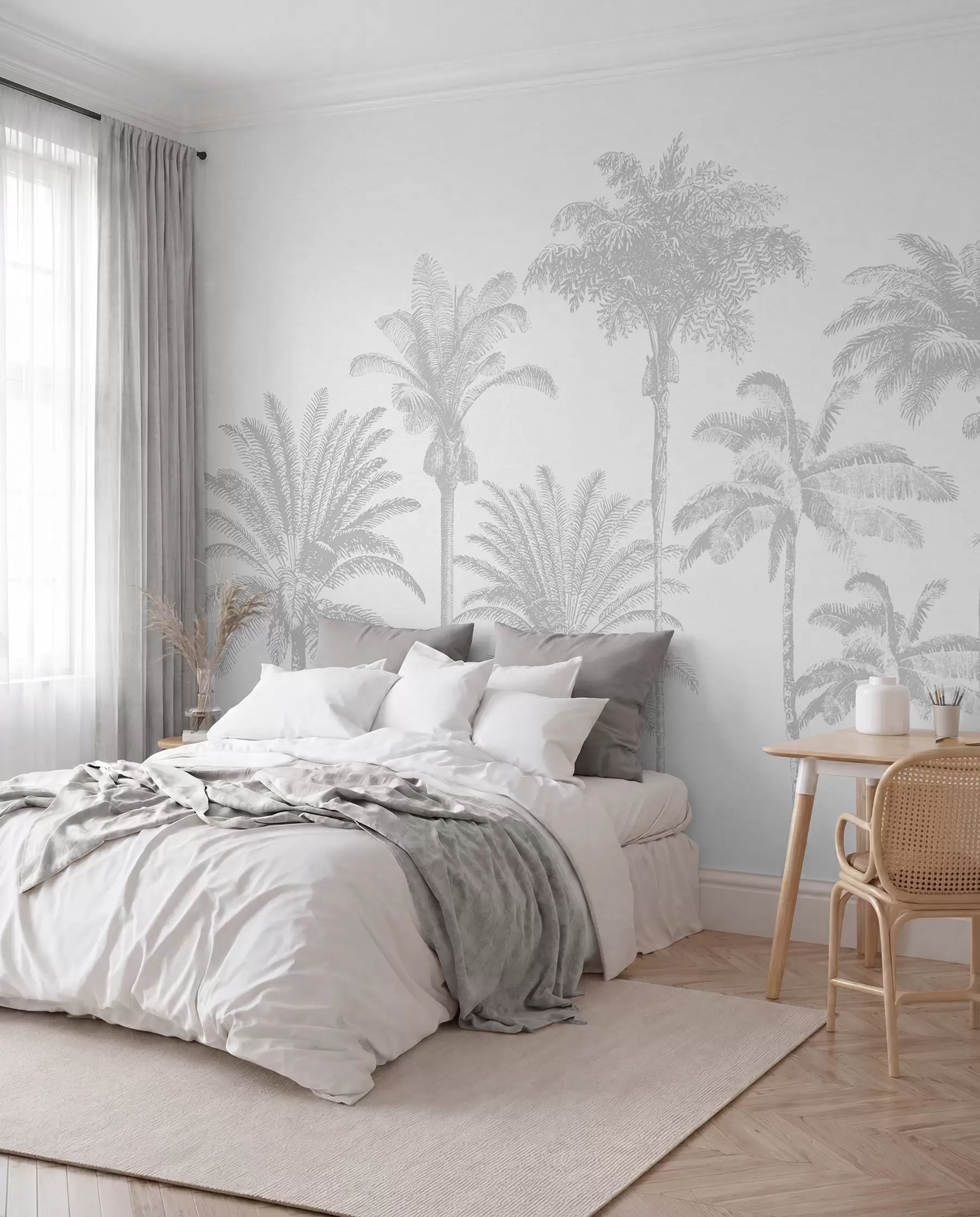 stenske poslikave Oaza tropskih palm minimalno sive barve w08111v2