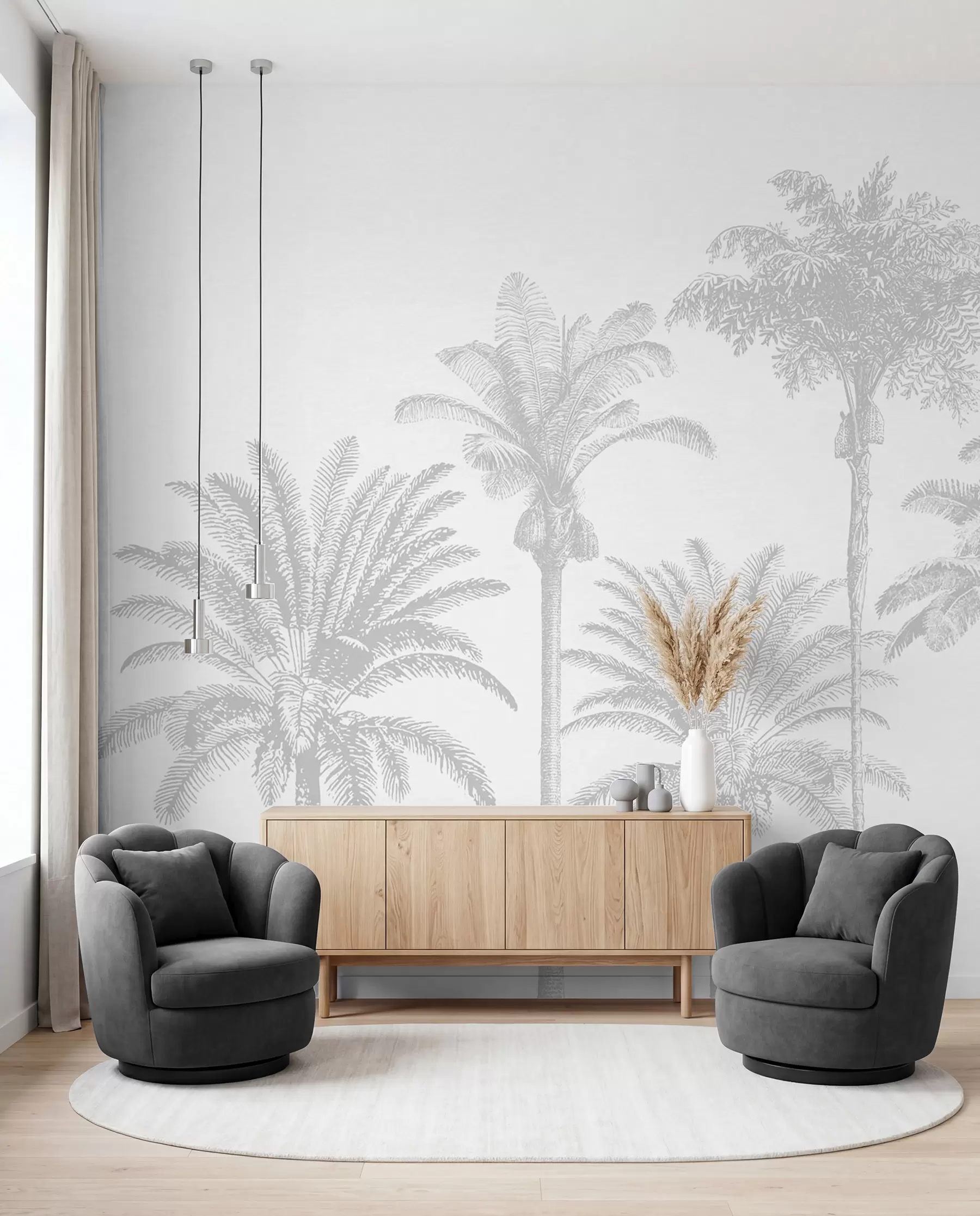 stenske poslikave Oaza tropskih palm minimalno sive barve w08111v2