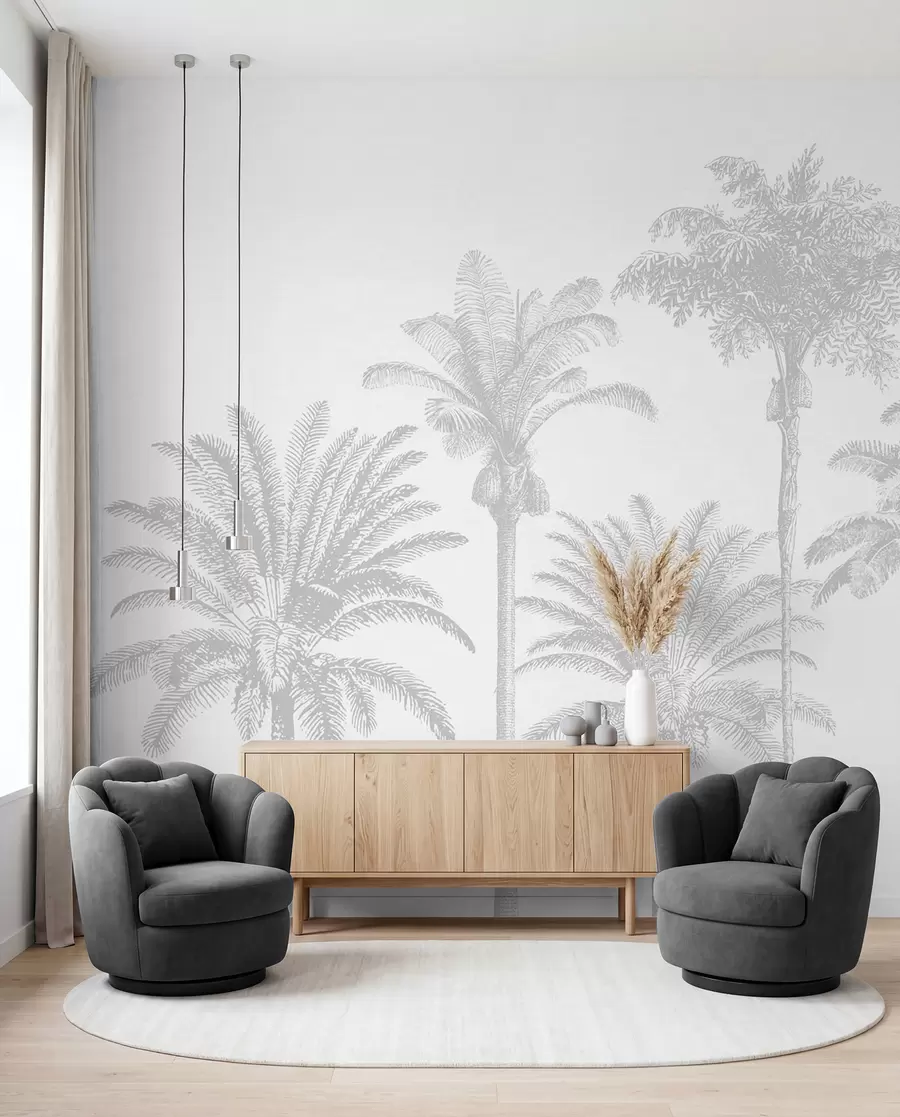 stenske poslikave Oaza tropskih palm minimalno sive barve w08111v2