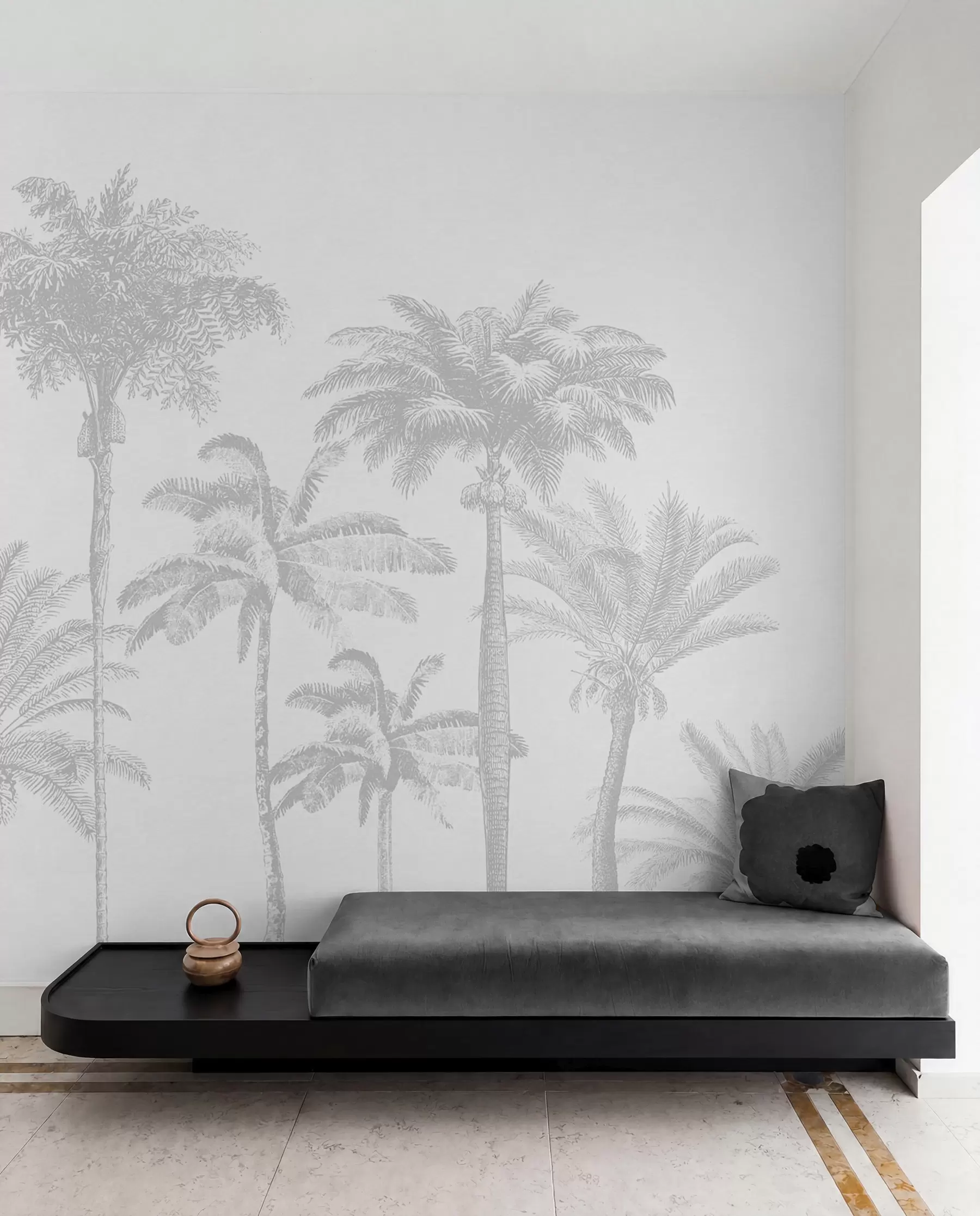 stenske poslikave Oaza tropskih palm minimalno sive barve w08111v2