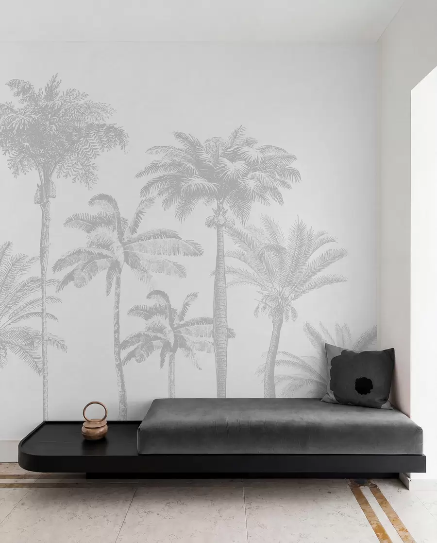 stenske poslikave Oaza tropskih palm minimalno sive barve w08111v2