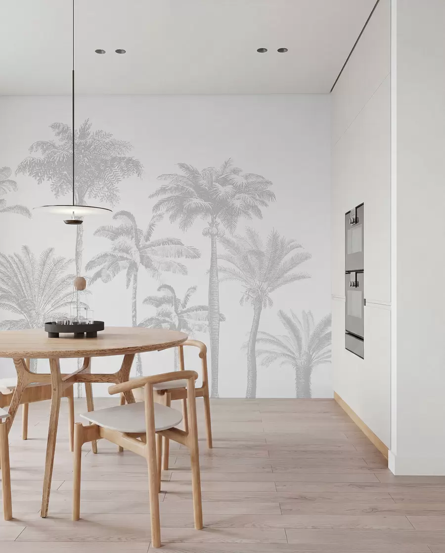 stenske poslikave Oaza tropskih palm minimalno sive barve w08111v2