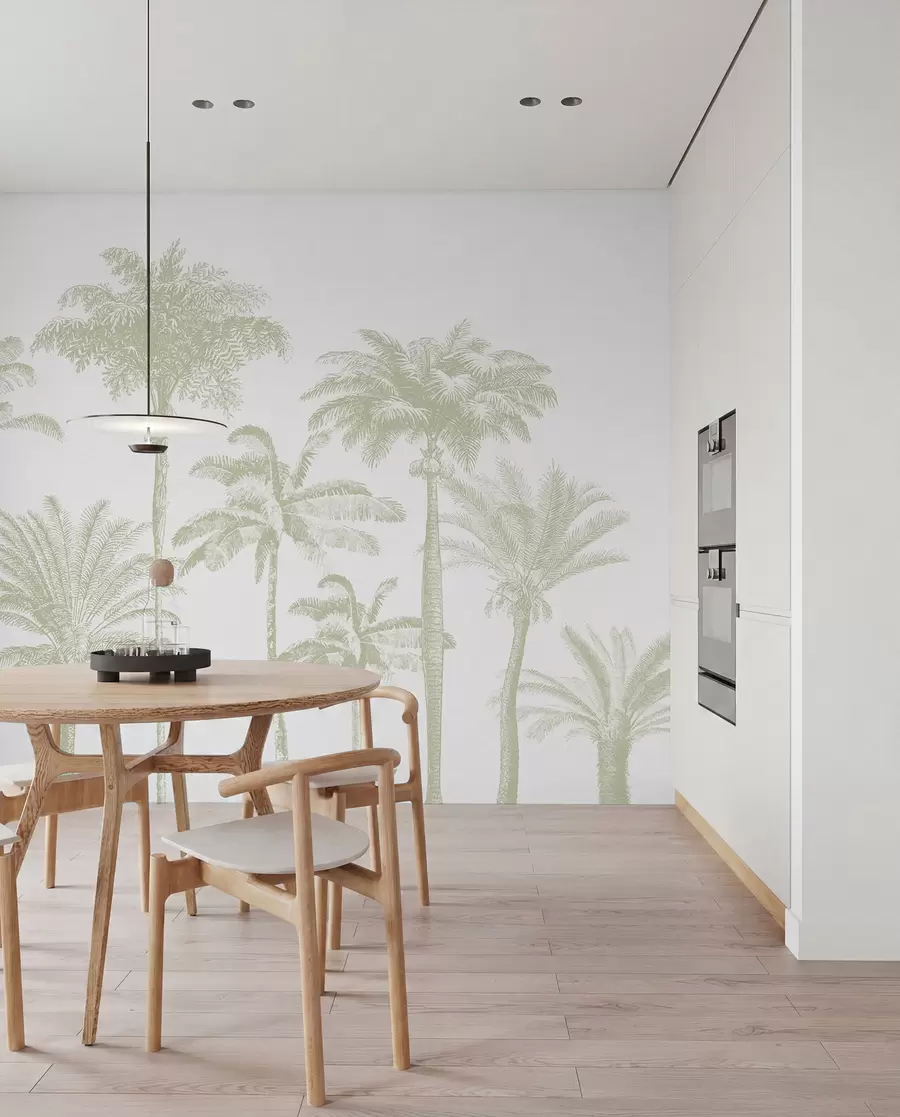 stenske poslikave Oaza tropskih palm minimalno zelene barve w08111v3