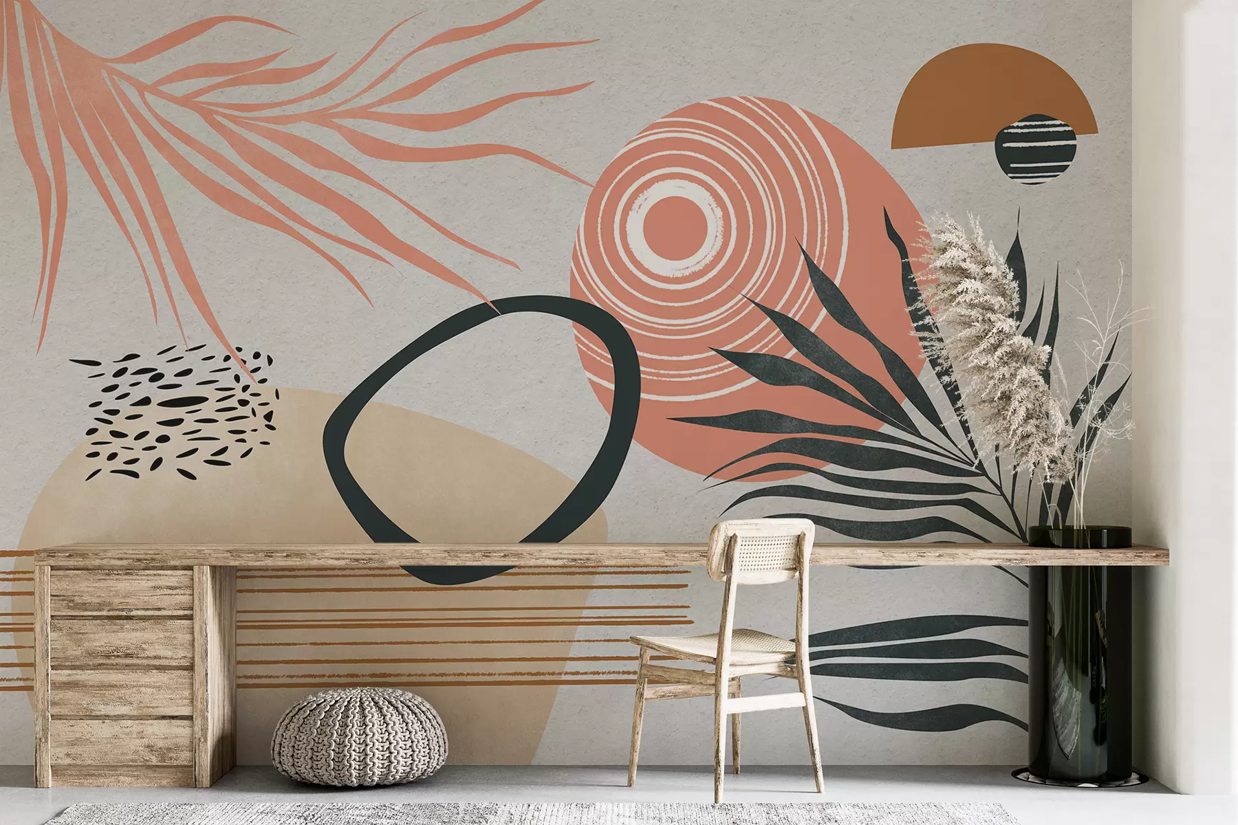 stenske poslikave Geometrijska abstrakcija s palmovimi vejami, stil boho, madež, roza, modra, siva, tekstura stene w08133